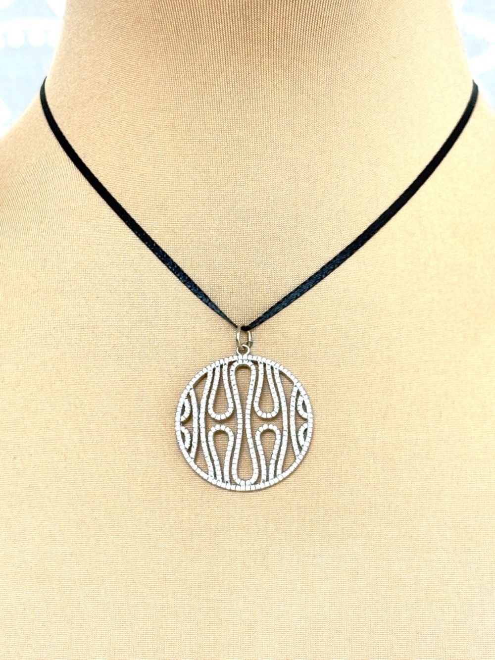 Swarovski Crystal Plated Silver Round Bevel Openwork Pendant Necklace Black Cord
